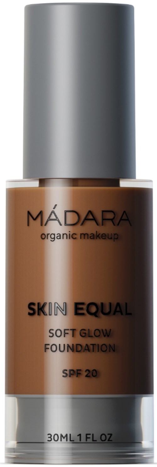 Eine Flasche Madara Skin Equal Foundation mit SPF 20, als biologisch und für einen sanften Glanz bezeichnet.