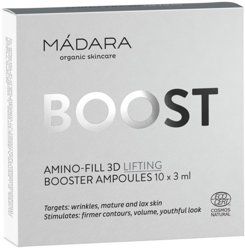 Boks med Mádara BOOST amino-fill 3D løftende boosterampuller, 10x3 ml, til rynker og moden hud, økologisk certificeret.