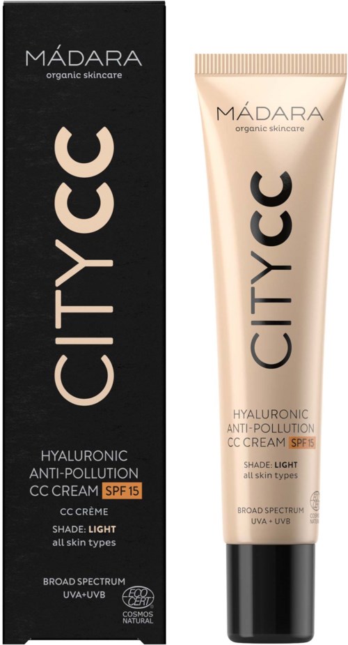 Beige Tube und schwarzer Karton von Madara City CC Creme mit SPF 15, Hyaluronsäure und Anti-Pollution Inhaltsstoffen.