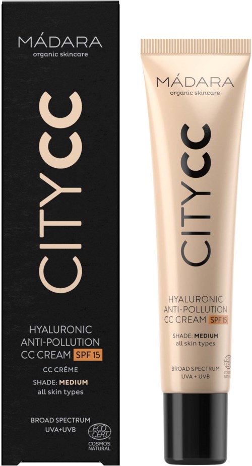 Mádara City CC -voide SPF 15, beige, ja tubi sen varalle mustan laatikon kanssa, jossa on valkoista ja beigeä tekstiä.