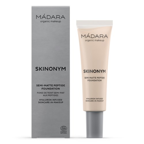 Meikkatangon ja laatikon merkinnillä 'Mádara' ja 'Skinonym', kuvaa semi-matta peptidemeikkipohjaa hyaluronihapolla.