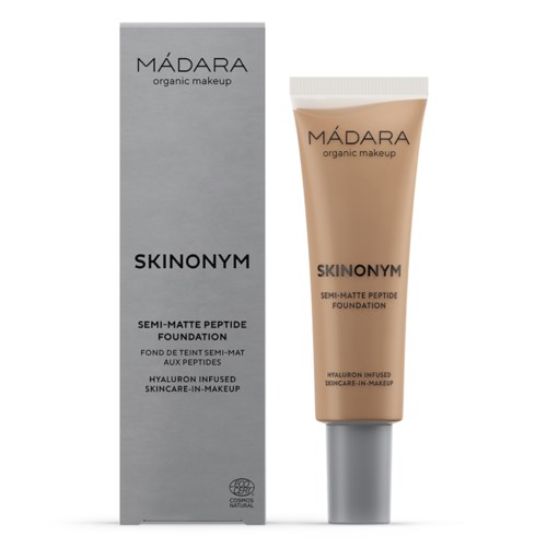 A tube of foundation with matching box, labeled "MÁDARA organic makeup SKINONYM semi-matte peptide foundation."