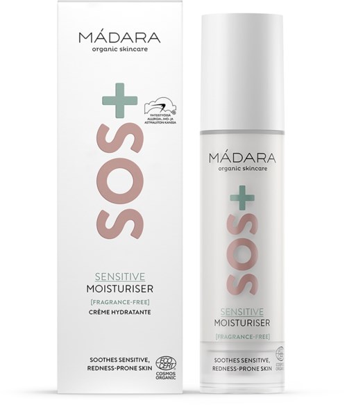 En hvid flaske og æske med Madara SOS Sensitive Moisturizer, parfume-fri, hjælper følsom, rødme-udbrud hud.