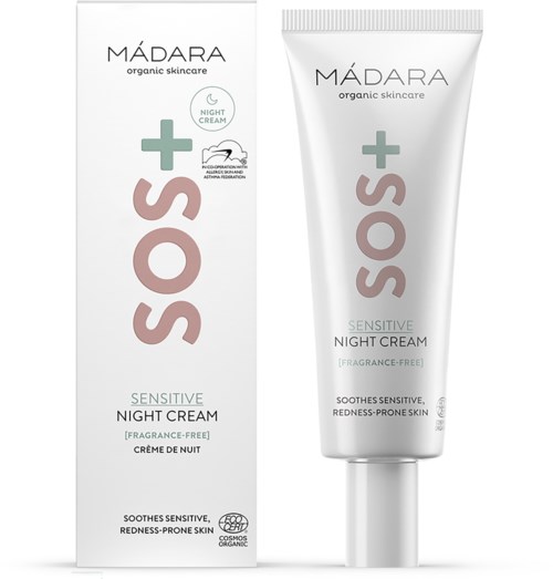 A white tube and box with text promoting Madara SOS Sensitive Night Cream, which soothes sensitive, redness-prone skin.
