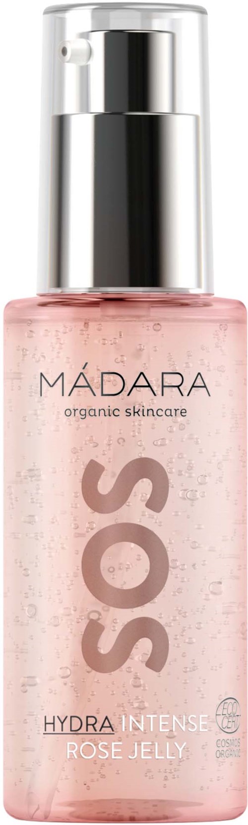 Eine rosa Flasche mit silberner Kappe, beschriftet 'MADARA SOS Hydra Intense Rose Jelly' für die Hautpflege.