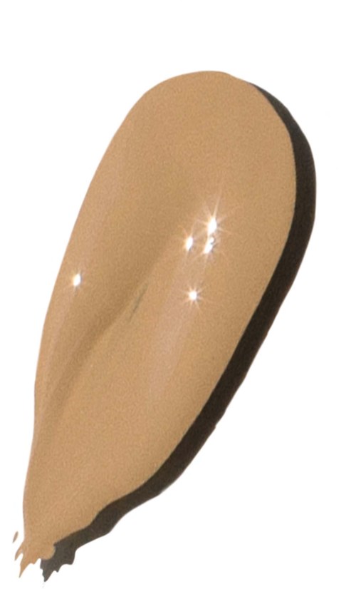 Eine beige flüssige Foundation-Träne mit glänzender Oberfläche und dunklem Schatten auf der rechten Seite.