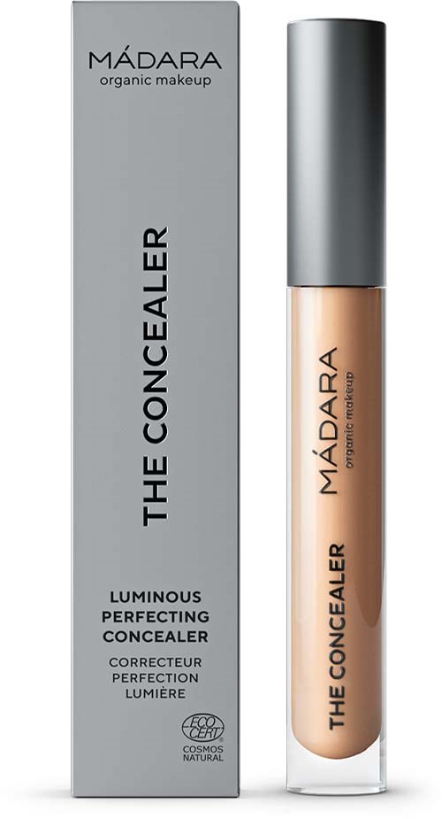 Eine Tube Madara Concealer neben ihrer Verpackung, beschriftet 'The Concealer' und 'Luminous Perfecting Concealer.'