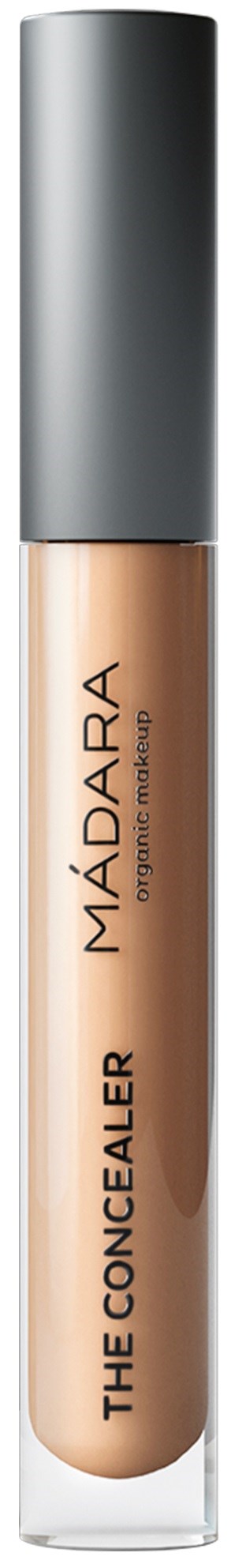 A concealer tube with a black cap and transparent body showing light beige liquid inside.