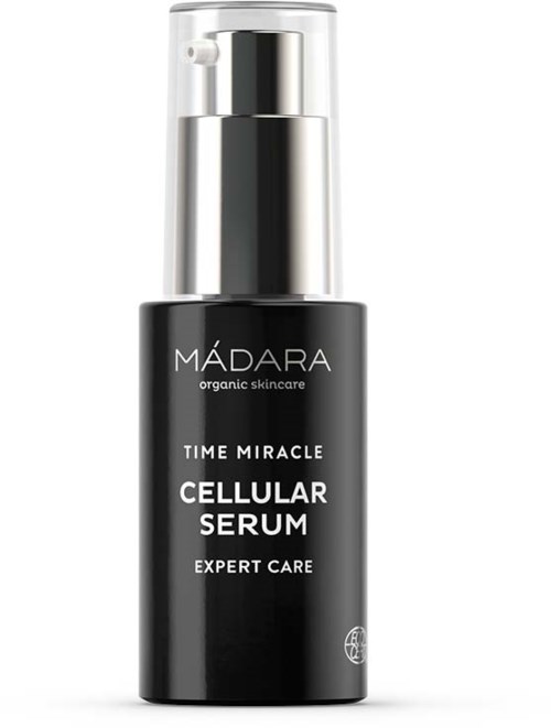 En svart flaska med silverlock märkta MÁDARA ekologisk hudvård, kallad Time Miracle Cellular Serum, för expertvård.