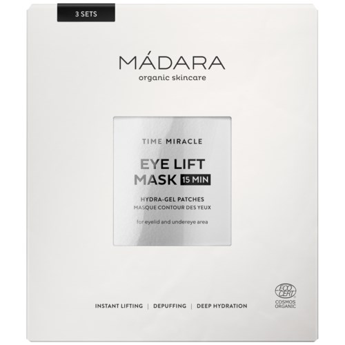 Esken med Mădara-logo, øyenløftmaske, og detaljer om ingredienser og fordeler for øyeområdet. Inneholder tre sett.