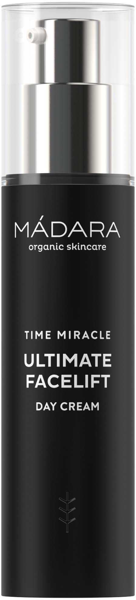 En svart flaska med en silverpump, märkt 'MÁDARA organic skincare, Time Miracle, Ultimate Facelift, Day Cream.'