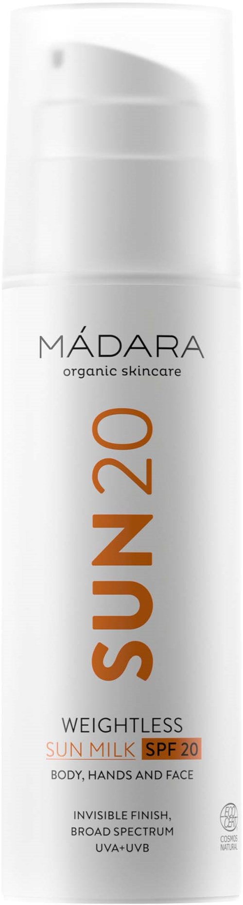 En vit flaska av MÁDARA ekologisk hudvårdssolkräm med SPF 20 för kropp, händer och ansikte. Ger bredspektrumskydd.