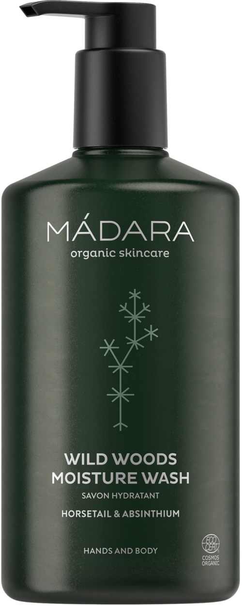 Grüne Flasche mit schwarzem Pumphebel, beschriftet Madara Wild Woods Moisture Wash für Hände und Körper.