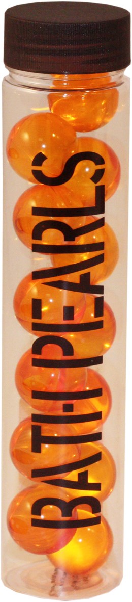 En genomskinlig plastflaska fylld med orange bollar och svart text som säger "BATHTUB PEARLS".