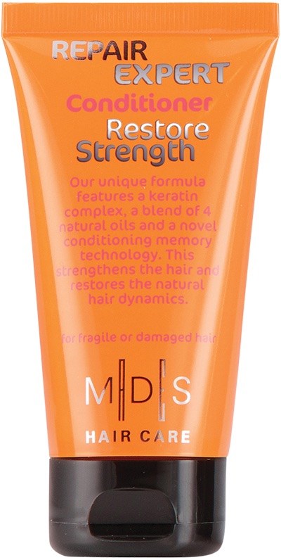 En tub med hårbalsam märkt 'Repair Expert' med orange förpackning och svart lock.