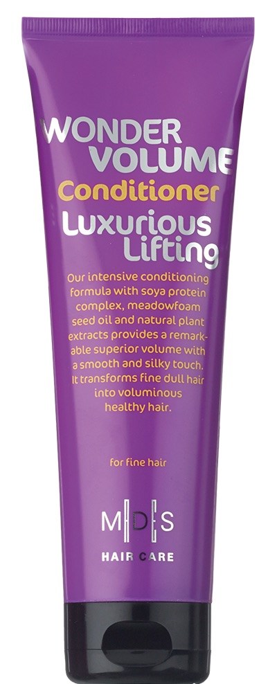 Lila tub med Wonder Volume balsam med gul och vit text, har svart lock, för fint hår.