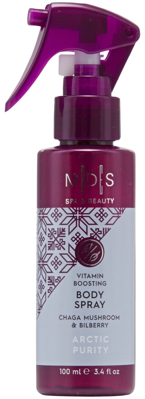 En lila sprayflaska märkta 'Vitamin Boosting Body Spray' med snöflinga- och växtmotiv, innehåller 100 ml.