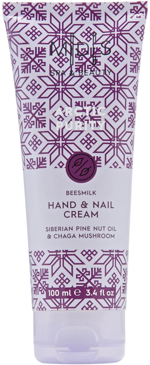 En tub med hand- och nagelkräm med lila snöflingemönster, innehållande sibirisk tallnötsolja och Chaga-svamp.