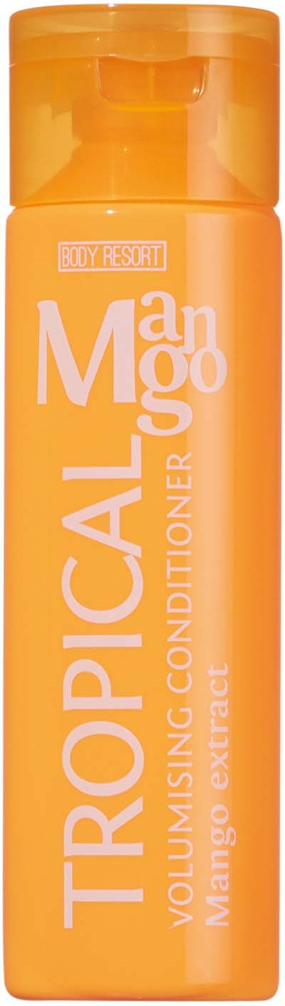 Orange flaska med vitt text som säger 'Tropical Mango' och 'Volumising Conditioner' med mangoextrakt. Den är för hårvård.