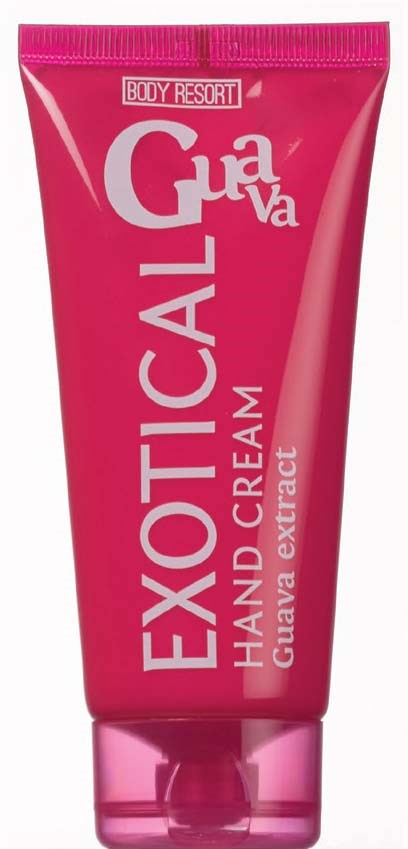 Rode tube met de tekst 'Exotic Alcohol Gua Guava Hand Cream Guava Extract'.