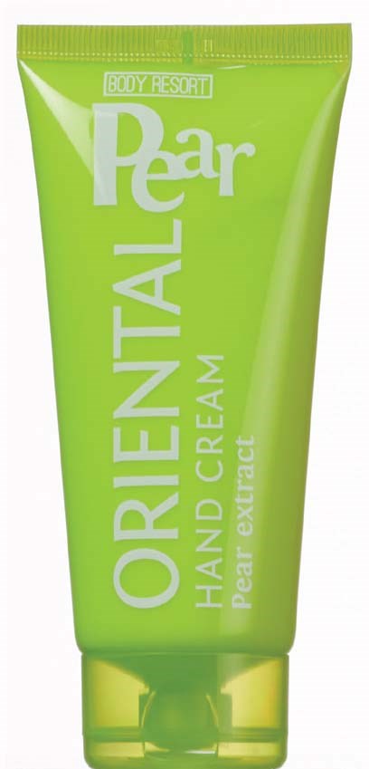 Zielona tubka z kremem do rąk o zapachu gruszki, z białym tekstem i osłonką do kliku.