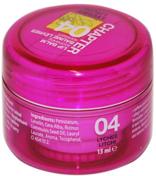 Pink burk av läppbalsam med ingredienser listade och en etikett som säger "LYCHEE."