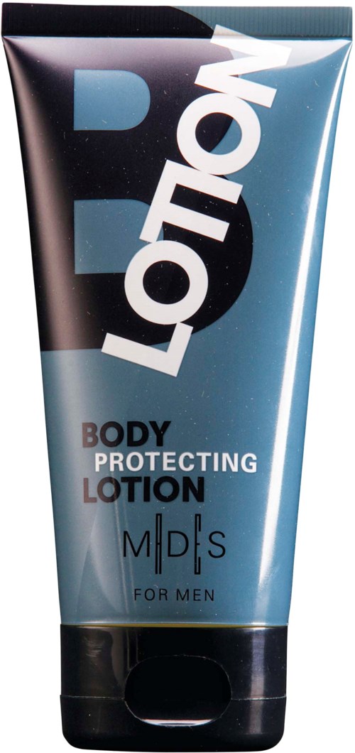 En svart og blå tube merket 'Lotion' for menns kroppsbeskytte, står oppreist.