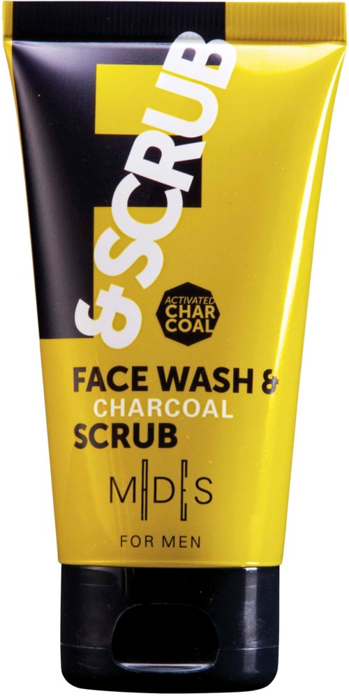 Gul og sort tube med etiketten 'Scrub & Face Wash & Charcoal Scrub for Men'.