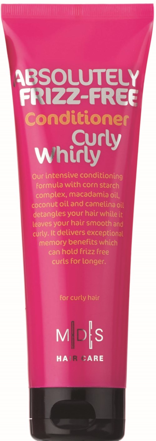 Różowa tubka z napisem 'Absolutely Frizz-Free Conditioner Curly Whirly' dla kręconych włosów, zawiera szczegóły produktu i nazwę marki.