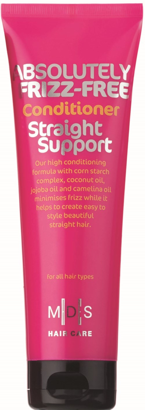En rosa hårbalsamflaska märkt 'Absolutely Frizz-Free Conditioner' för rakt, stödjande hår, med beskrivning av ingredienser och syfte.