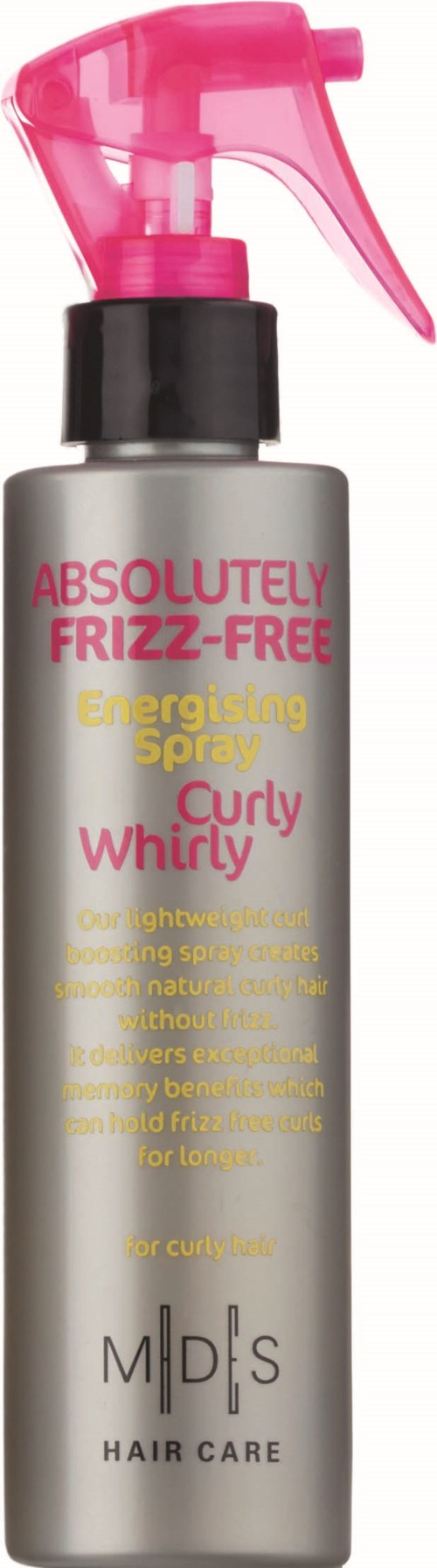 En silver sprayflaska med rosa och svart munstycke märkt för lockigt hår, kallad "Absolutely Frizz-Free" och "Whirly."