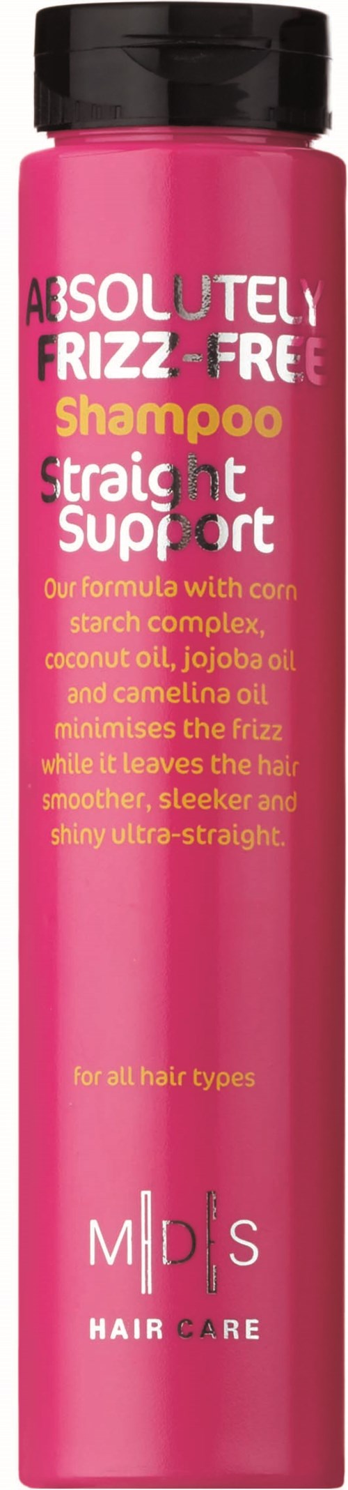 A pink bottle of shampoo with white and yellow text, labeled 'Absolutely Frizz-Free Shampoo,' designed for all hair types.