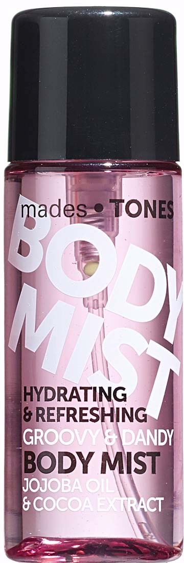 Eine rosa Körpersprayflasche mit schwarzem Deckel, gekennzeichnet als hydratisierend, erfrischend und mit Jojobaöl sowie Kakaobestandteilen.