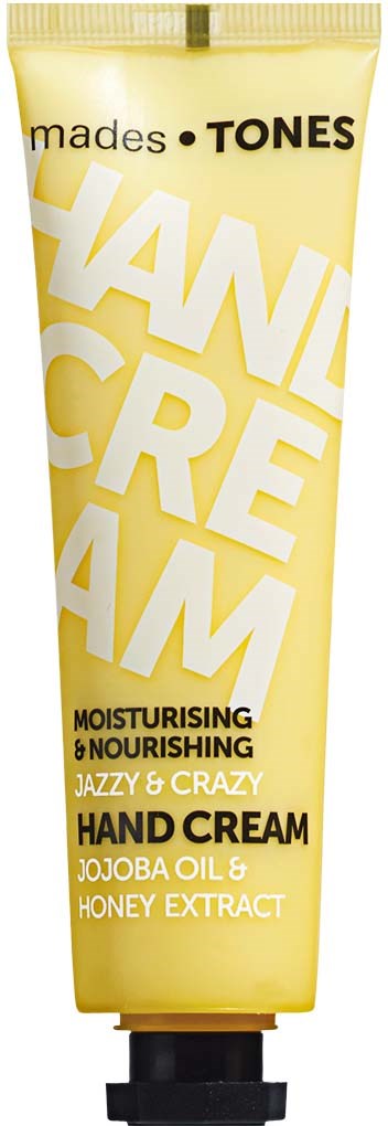 Hand cream tube with yellow and white design, mentions moisturizing, nourishing, jojoba oil, and honey extract.