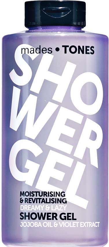 En lilla flaske shower gel med hvid og sort tekst, annonceret som fugtgivende med violet ekstrakt.