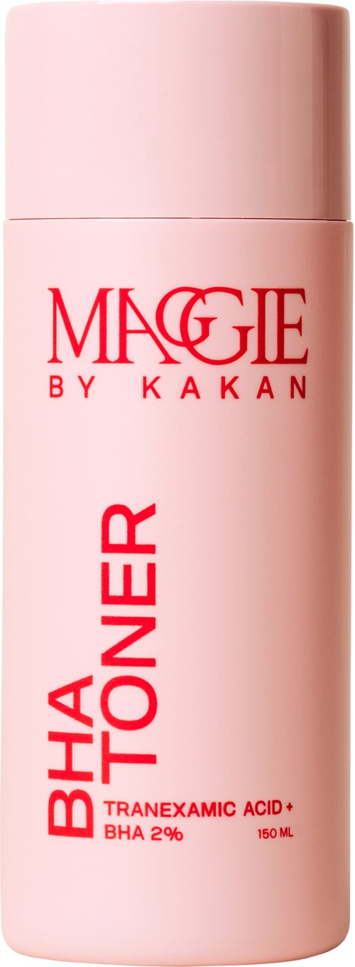 En rosa flaska med röd text säger "Maggie by Kakan" och nämner BHA 2% för huden. Den är 150 ml.