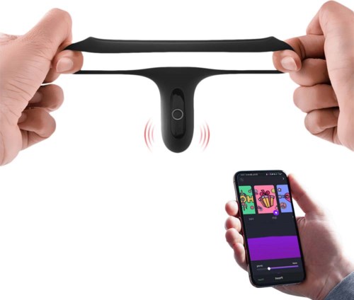 A person stretches a black slingshot while another person controls a phone with colorful screens.