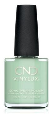 En ljusgrön nagellacksflaska med svart lock, märkt 'CND Vinylux'.