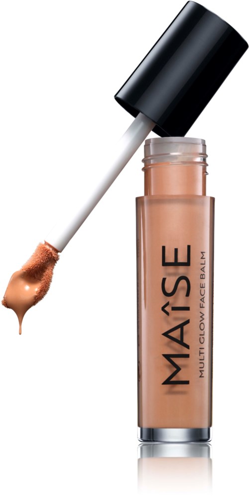 Rurka korektora z otwartym aplikatorem i beżową cieczą, oznaczona "MAKE MULTI-COVER FACE BALM."