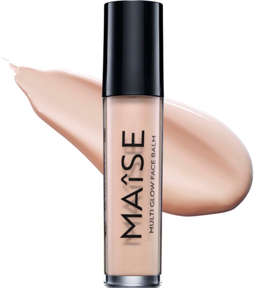 Butelka balsamu do twarzy z beżową cieczą i czarną nakrętką, logo 'MAISE Multi Glow Face Balm'.