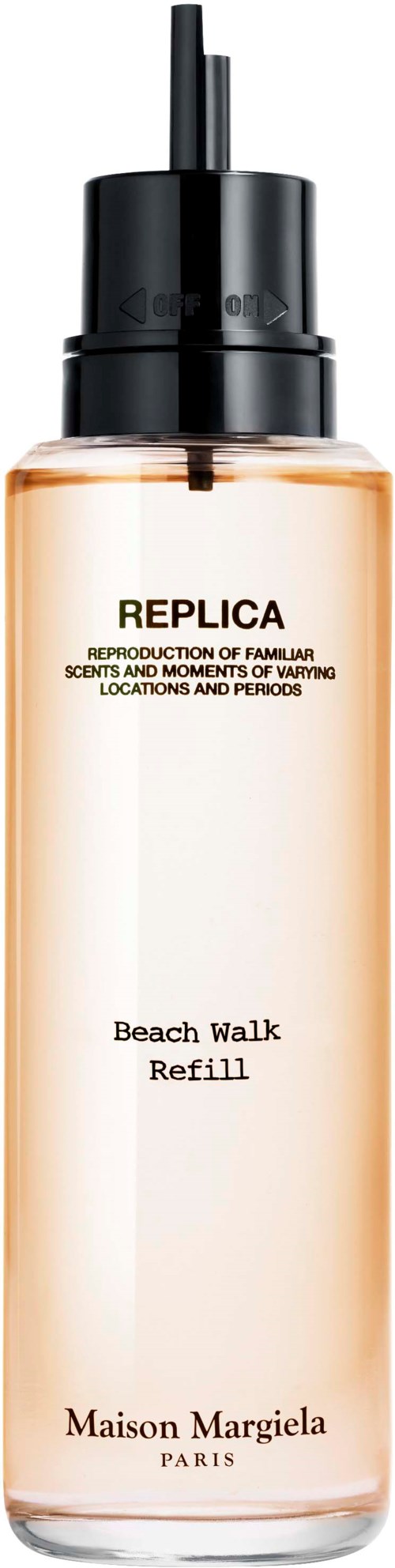 A tall, transparent bottle with a black sprayer, labeled "Beach Walk Refill" by Maison Margiela, Paris.
