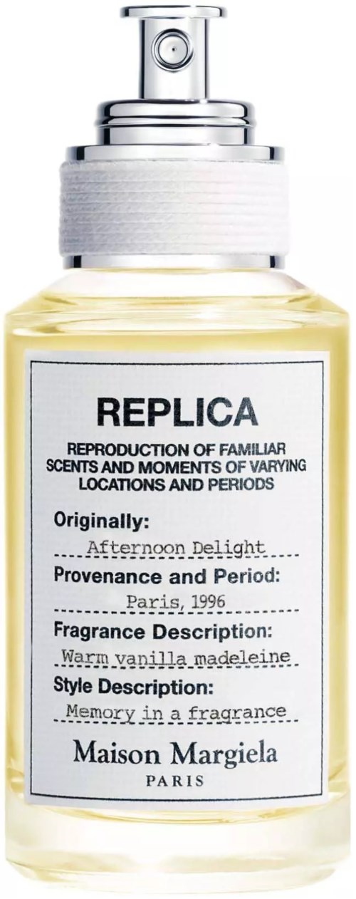 Hajuvesilasi, jossa on etiketti REPLICA, valmistajalta Maison Margiela, Pariisi, vuodelta 1996.