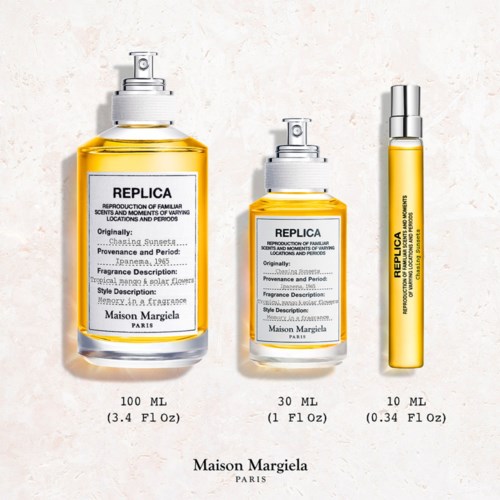 Kolme Maison Margiela -parfyymapulloa eri kokoisina, keltaisilla ja valkoisilla etiketeillä. Pienin suihkepullo on 10 ml.