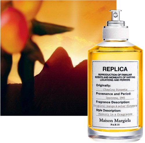 A perfume bottle labeled REPLICA with a sunset and flower background.