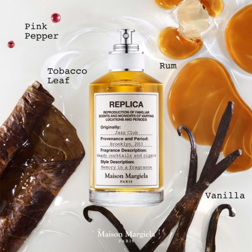 Das Bild zeigt eine Parfümflasche mit Vanille, Tabakblatt, Rum, rosa Pfeffer und karamellfarbenen Gegenständen.