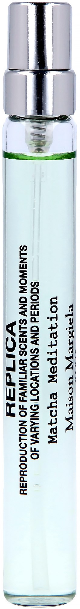 En liten, cylindrisk glasflaska med silverlock, innehållande klar vätska. Text på flaskan nämner en produkt för huden.