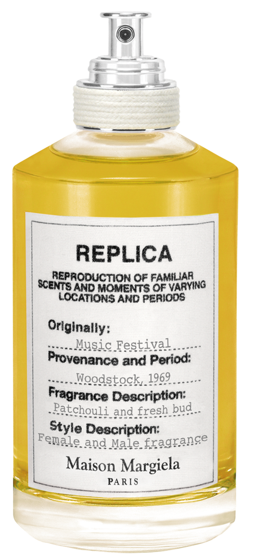 En gul parfymflaska märkt "REPLICA" med ett sprutlock och tydlig beskrivningstext.