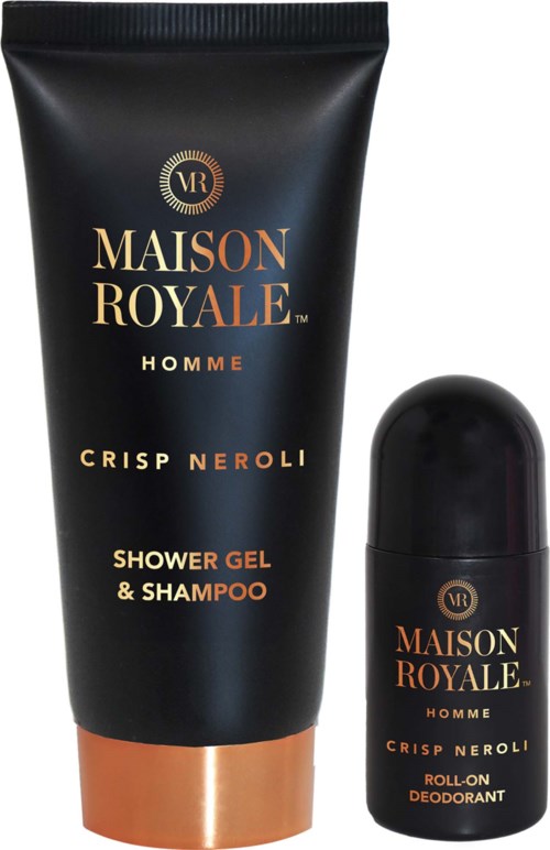 Sort tube med shower gel og shampoo, og lille roll-on deodorant. Begge er fra Maison Royale Homme Crisp Neroli-linje.