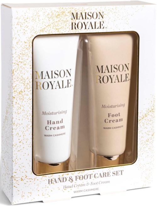 Box med två tuber av Maison Royale fuktgivande hand- och fotkräm med varm cashmeredoft.