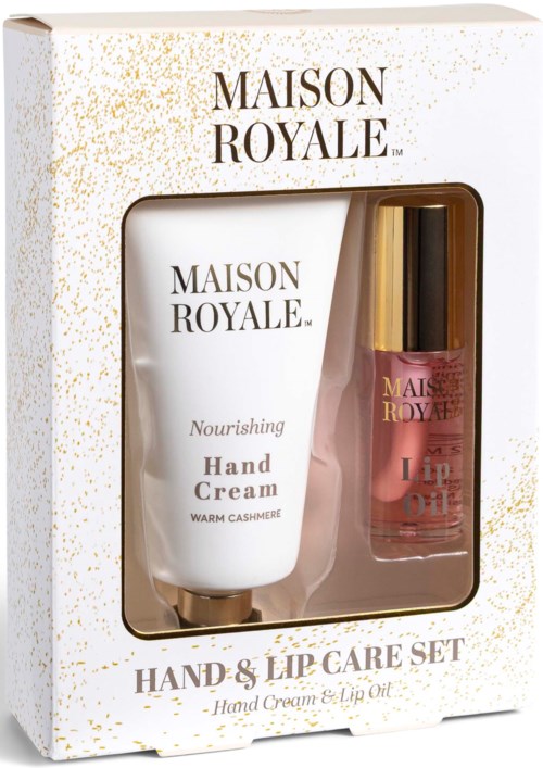 Maison Royale hand- och läppvårdset med närande handkräm och rosa läppolja.